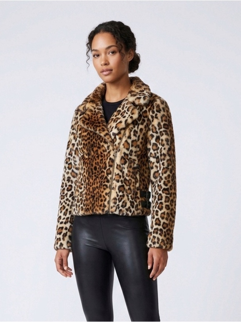 087 REBECCA MINKOFF Women’s Hudson Faux Fur Moto Jacket - Leopard Print Small